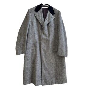 Vintage Mens Malcolm Kenneth Kintyre Gray Wool Herringbone Coat W/Velvet Collar